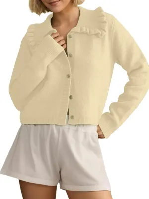 MISSACTIVER Women Ruffle Collar Cropped Cardigan Casual Lapel Button Down Sweaters Long Sleeve Open Front Knit Jacket