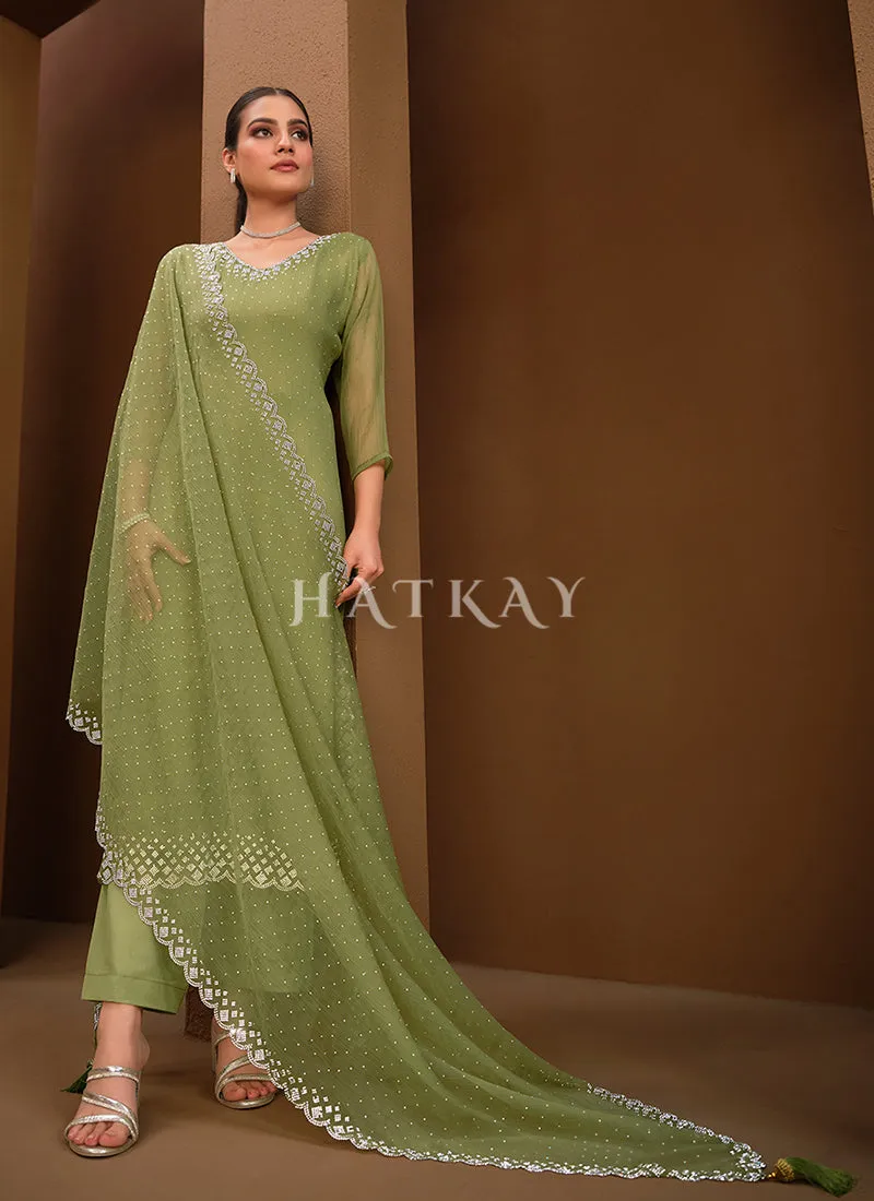 Mist Green Crystal Embroidered Pant Style Suit