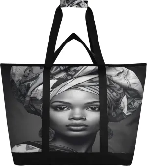 Modern African Woman Tote Bag for Women with Zipper Reusable Grocery Bags Foldable Insulated Cooler Bag Handbags Totes Shopping Bags for Groceries Beach Travel Picnic Work