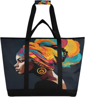 Modern Black Woman Tote Bag for Women with Zipper Reusable Grocery Bags Foldable Insulated Cooler Bag Handbags Shopping Bags Totes for Groceries Travel Beach Picnic Work