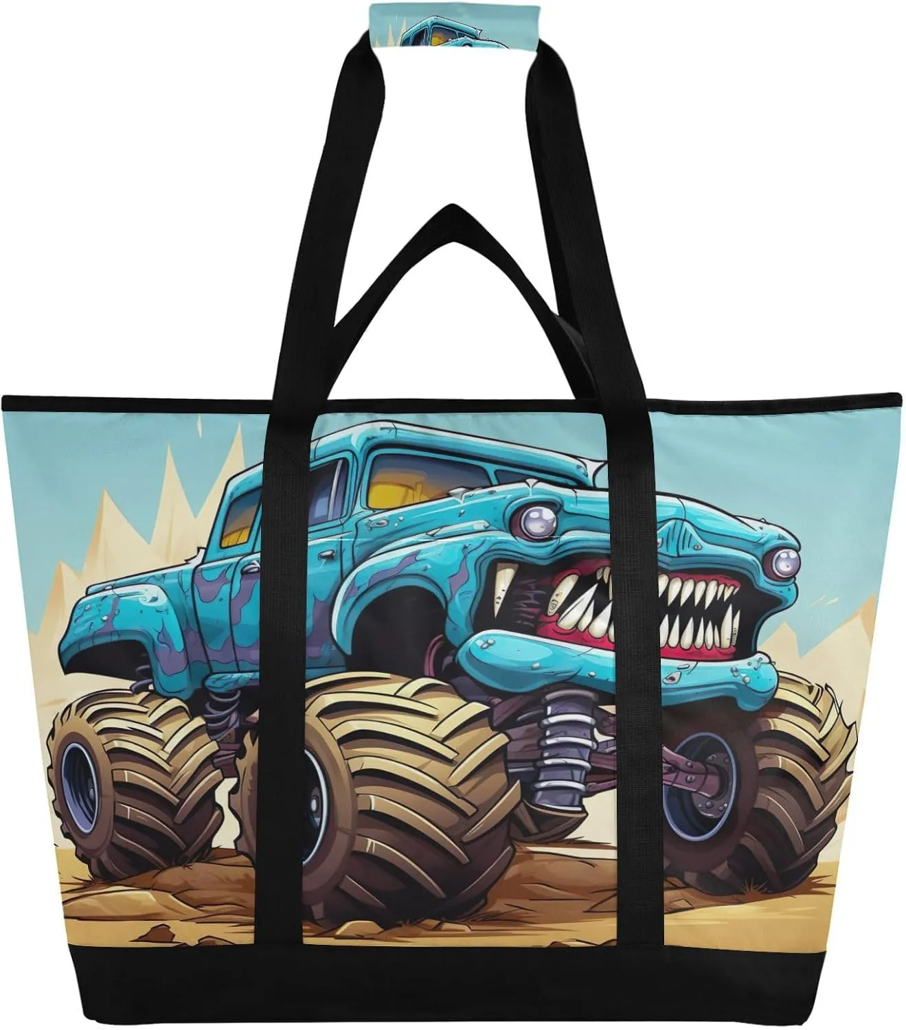 Monster Truck Car Tote Bag for Women with Zipper Reusable Grocery Bags Foldable Insulated Cooler Bag Handbags Shopping Bags Totes for Groceries Beach Picnic Travel Work