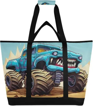 Monster Truck Car Tote Bag for Women with Zipper Reusable Grocery Bags Foldable Insulated Cooler Bag Handbags Shopping Bags Totes for Groceries Beach Picnic Travel Work