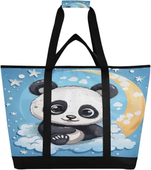 Moon Panda Bear Tote Bag for Women with Zipper Reusable Grocery Bags Foldable Insulated Cooler Bag Shopping Bags Totes Handbags for Groceries Picnic Travel Work Beach