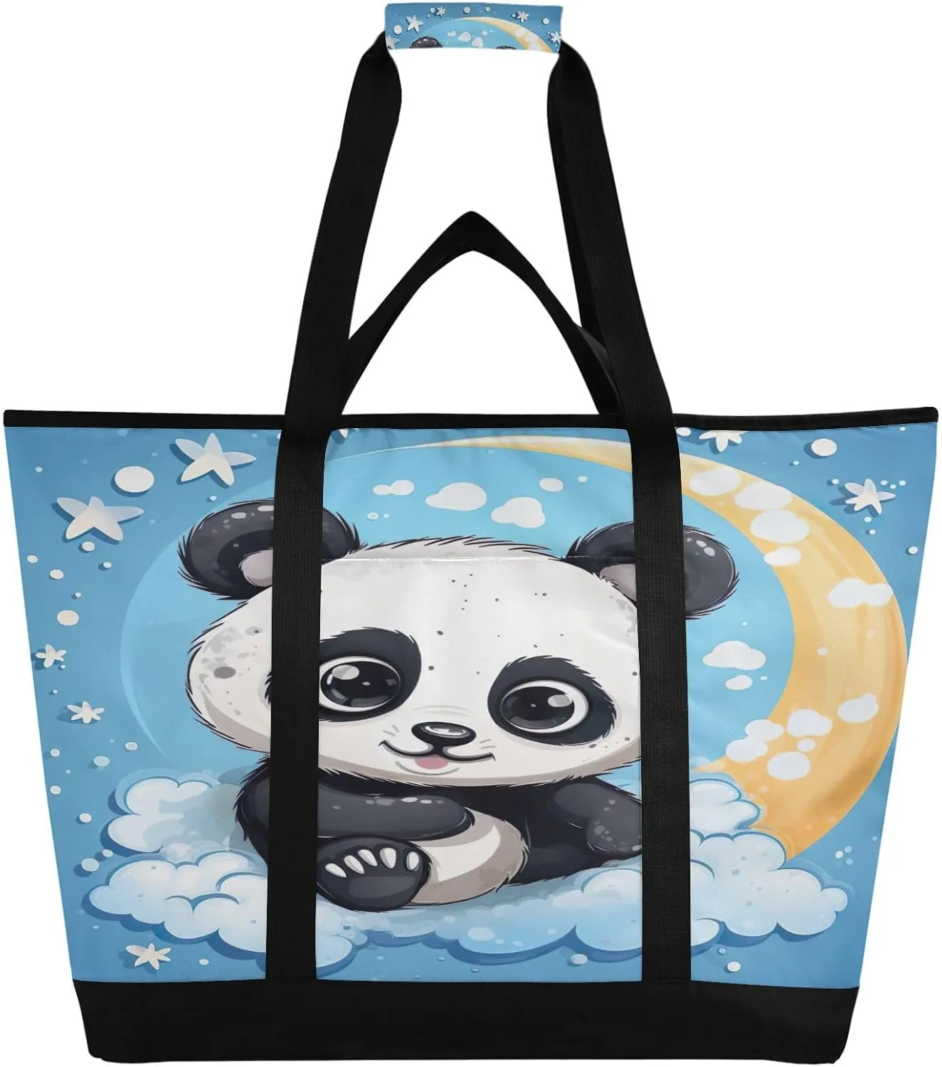 Moon Panda Bear Tote Bag for Women with Zipper Reusable Grocery Bags Foldable Insulated Cooler Bag Shopping Bags Totes Handbags for Groceries Picnic Travel Work Beach