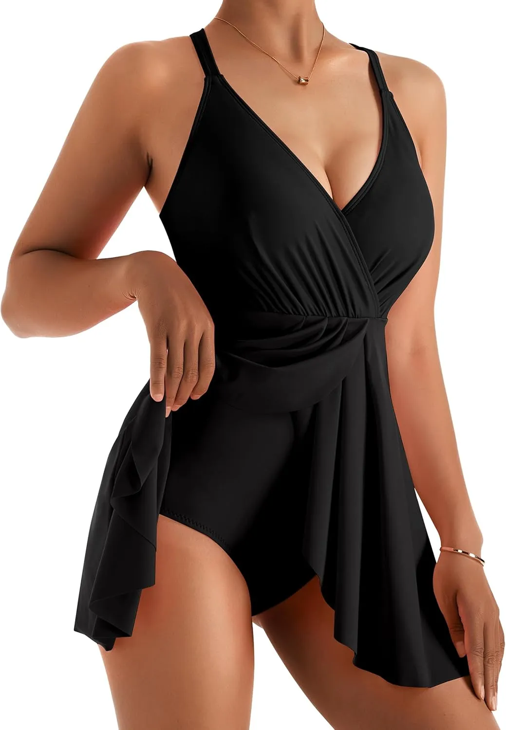 MOOSLOVER Women One Piece Swim Dress Swimsuit Tummy Control Ruched Skirted Bathing Suit