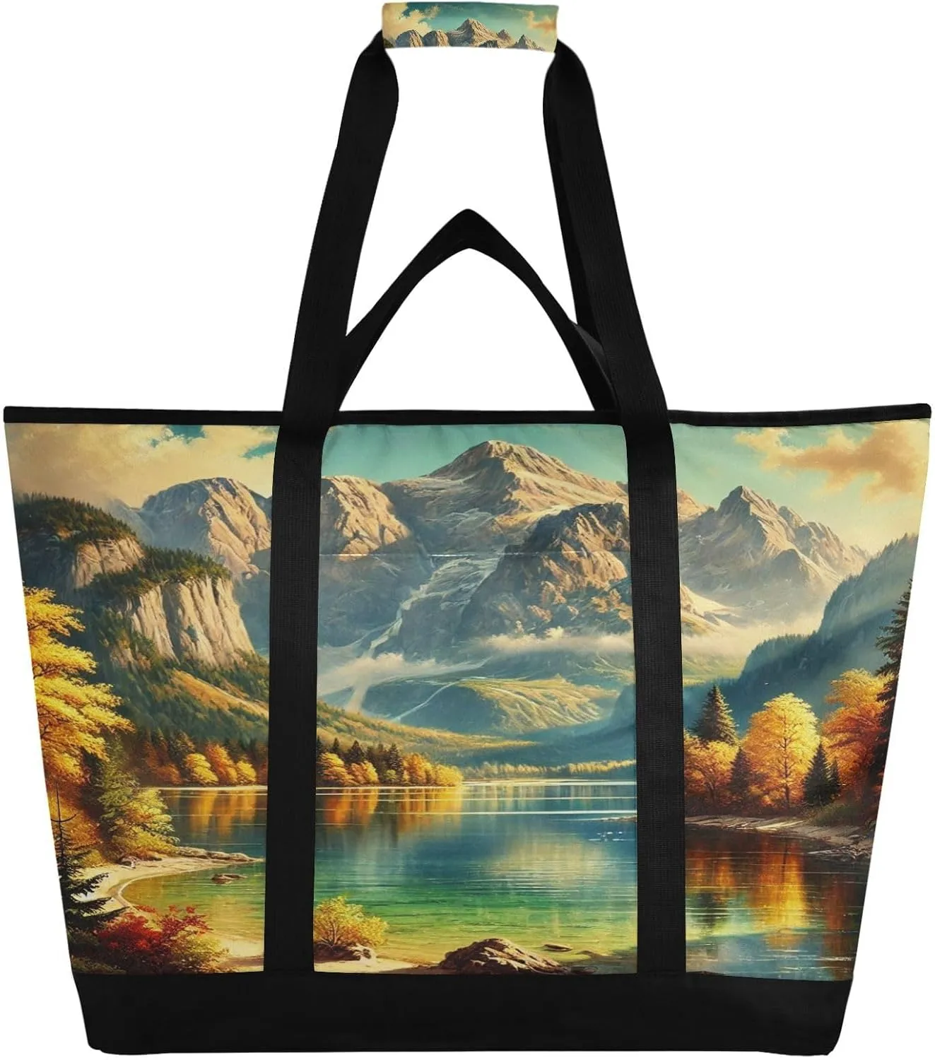 Mountain Lake Fall Tote Bag for Women with Zipper Reusable Grocery Bags Foldable Insulated Cooler Bag Totes Handbags Shopping Bags for Groceries Beach Travel Picnic Work