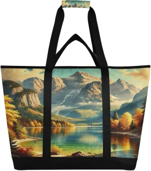 Mountain Lake Fall Tote Bag for Women with Zipper Reusable Grocery Bags Foldable Insulated Cooler Bag Totes Handbags Shopping Bags for Groceries Beach Travel Picnic Work