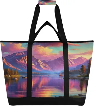 Mountain Lake Sunset Tote Bag for Women with Zipper Reusable Grocery Bags Foldable Insulated Cooler Bag Totes Shopping Bags Handbags for Groceries Picnic Travel Work Beach