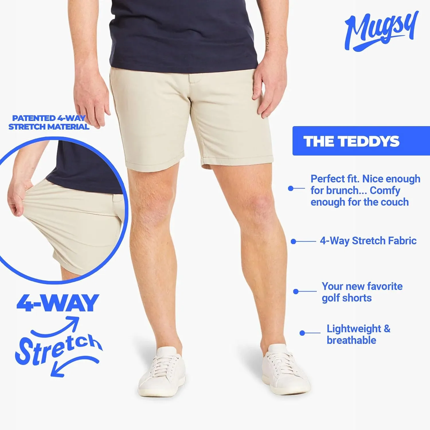 Mugsy Men??s Chinos Shorts, 4-Way Stretch Khaki Shorts for Men, Comfortable, Classic Fit, 9" Inseam