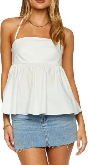 Mxiqqpltky Women Halter Neck Tank Top Summer Floral Print Sleeveless Spaghetti Strap Peplum Crop Top Cute Ruffle Babydoll Top