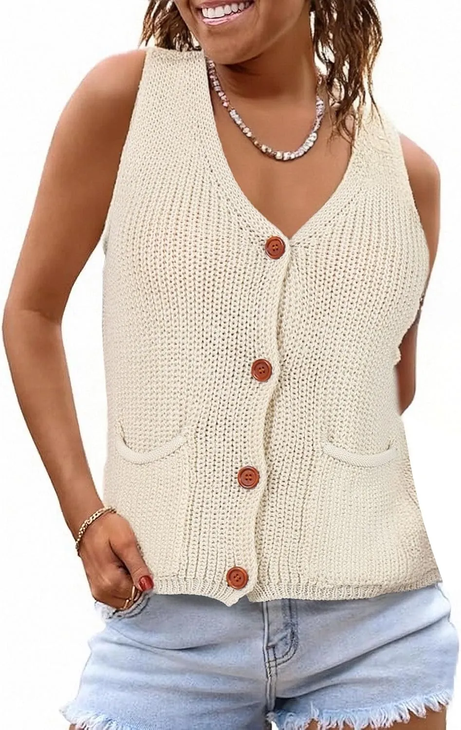 NASKY Women's V-Neck Sleeveless Sweater Vest - Versatile Pocket Design, Ideal for Spring & Fall Layering or Standalone Wear