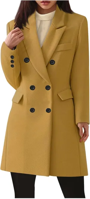 NATHGAM Long Pea Coats for Women Wool Blend Thermal Double Breasted Trench Coat Winter Notched Lapel Windproof Warm Overcoat