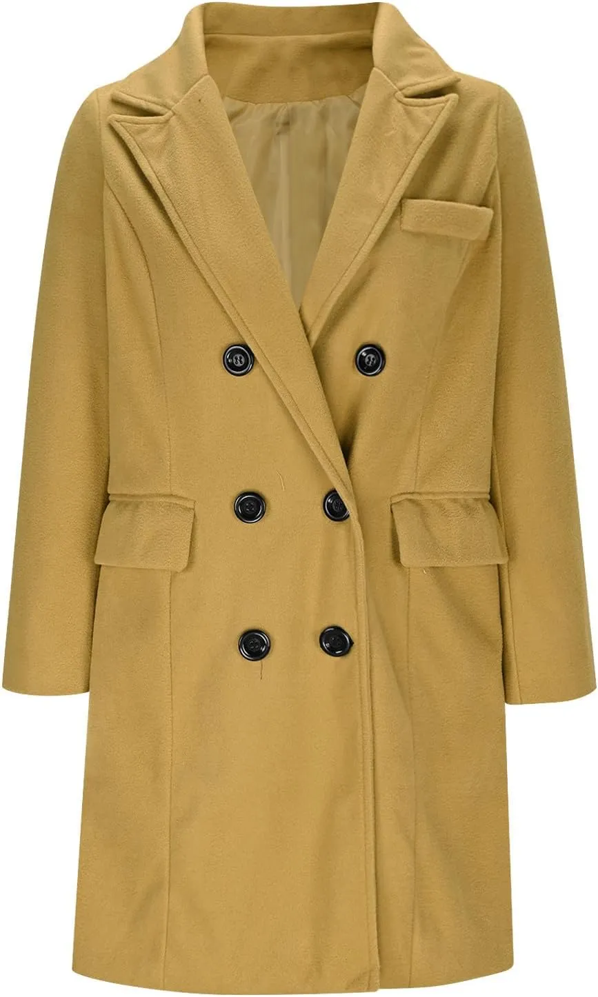 NATHGAM Long Pea Coats for Women Wool Blend Thermal Double Breasted Trench Coat Winter Notched Lapel Windproof Warm Overcoat