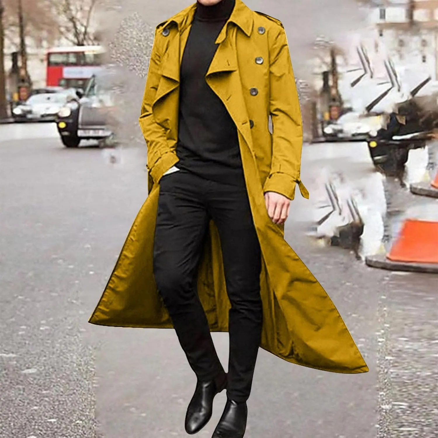 NATHGAM Trench Coat for Men Double Breasted Notched Lapel Casual Peacoat Lightweight Fashion Long Jacket Windbreaker Overcoat