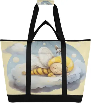 Night Bee Tote Bag for Women with Zipper Reusable Grocery Bags Foldable Insulated Cooler Bag Shopping Bags Handbags Totes for Groceries Picnic Beach Travel Work