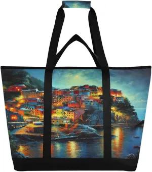 Night Sea Sky Tote Bag for Women with Zipper Reusable Grocery Bags Foldable Insulated Cooler Bag Totes Shopping Bags Handbags for Groceries Picnic Travel Beach Work