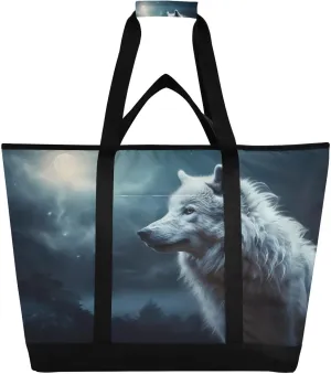 Night Wolf Tote Bag for Women with Zipper Reusable Grocery Bags Foldable Insulated Cooler Bag Totes Handbags Shopping Bags for Groceries Picnic Travel Work Beach