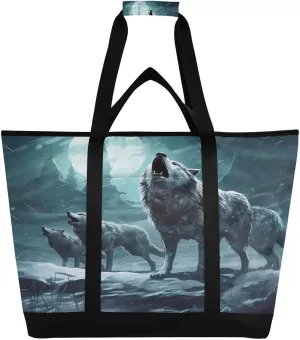 Night Wolfs Tote Bag for Women with Zipper Reusable Grocery Bags Foldable Insulated Cooler Bag Totes Shopping Bags Handbags for Groceries Picnic Beach Travel Work