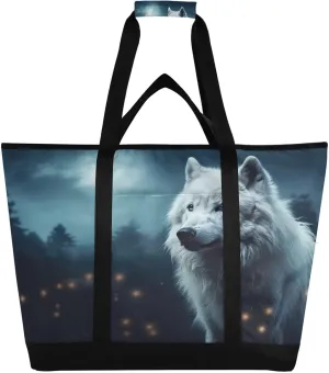 Night Wolves Tote Bag for Women with Zipper Reusable Grocery Bags Foldable Insulated Cooler Bag Shopping Bags Totes Handbags for Groceries Travel Beach Picnic Work