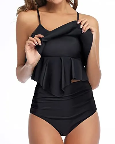 Non See Through Tankini Swimsuits For Women Bikini Sets For Teen Girls-Black