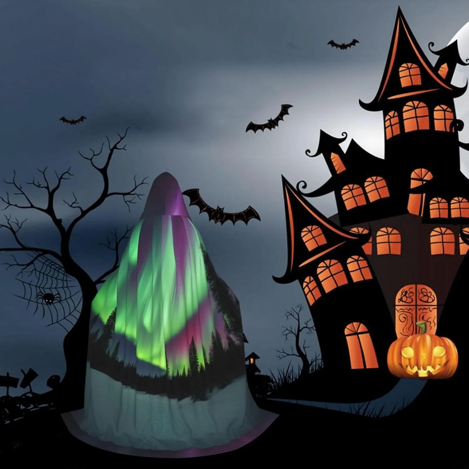 Northern Lights Painting Print Halloween Versatile Hooded Cloak Carnival Theme Party Decorations Witch Costumes