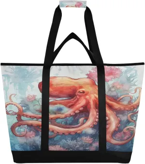 Octopus Tote Bag for Women with Zipper Reusable Grocery Bags Foldable Insulated Cooler Bag Shopping Bags Totes Handbags for Groceries Picnic Beach Travel Work