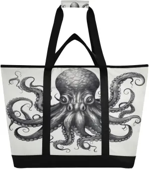 Octopus Tote Bag for Women with Zipper Reusable Grocery Bags Foldable Insulated Cooler Bag Shopping Bags Totes Handbags for Groceries Travel Beach Picnic Work