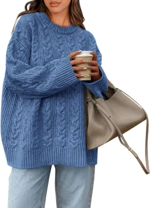 Okiwam Women's Oversized Sweaters Long Sleeve Crewneck Chunky Knitted Pullover 2025 Fall Fashion Solid Color Jumper Tops