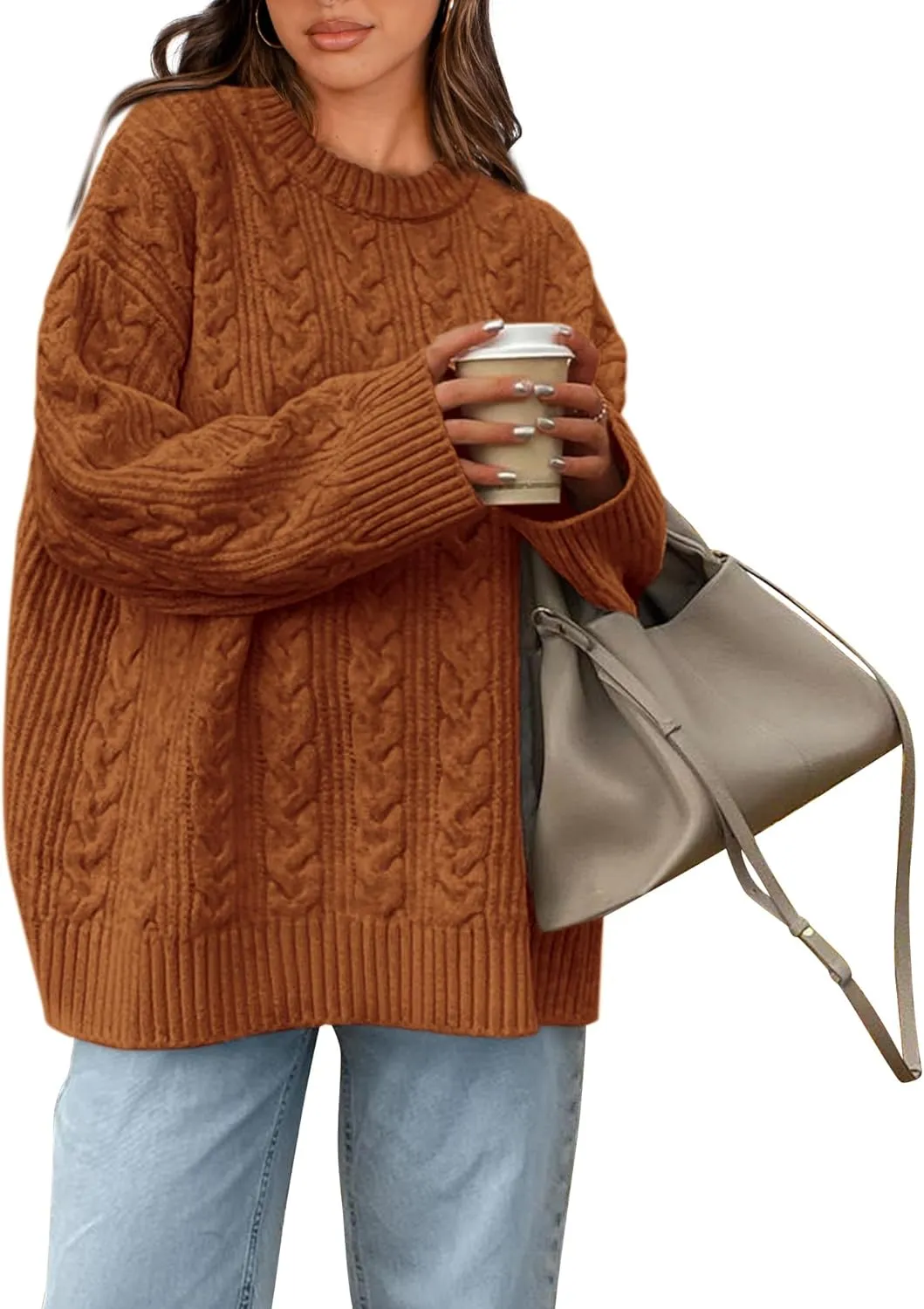 Okiwam Women's Oversized Sweaters Long Sleeve Crewneck Chunky Knitted Pullover 2025 Fall Fashion Solid Color Jumper Tops