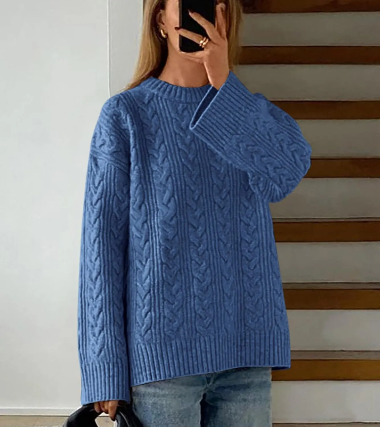 Okiwam Women's Oversized Sweaters Long Sleeve Crewneck Chunky Knitted Pullover 2025 Fall Fashion Solid Color Jumper Tops