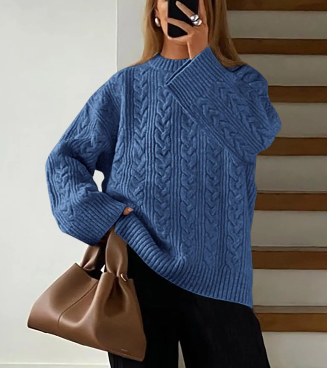 Okiwam Women's Oversized Sweaters Long Sleeve Crewneck Chunky Knitted Pullover 2025 Fall Fashion Solid Color Jumper Tops