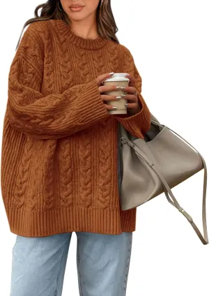 Okiwam Women's Oversized Sweaters Long Sleeve Crewneck Chunky Knitted Pullover 2025 Fall Fashion Solid Color Jumper Tops