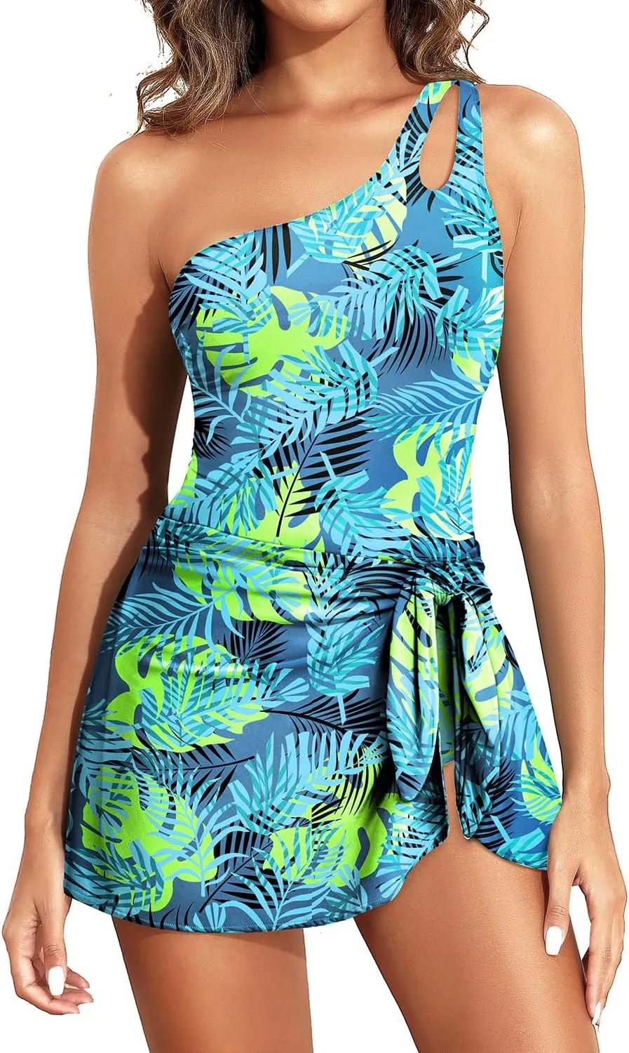 One Piece Swim Dress - Women One Shoulder Tummy Control Swimsuit with Skirt 2025 Skirted Bathing Suit Swimdress Blue Leaves M