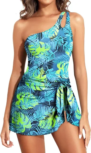 One Piece Swim Dress - Women One Shoulder Tummy Control Swimsuit with Skirt 2025 Skirted Bathing Suit Swimdress Blue Leaves M