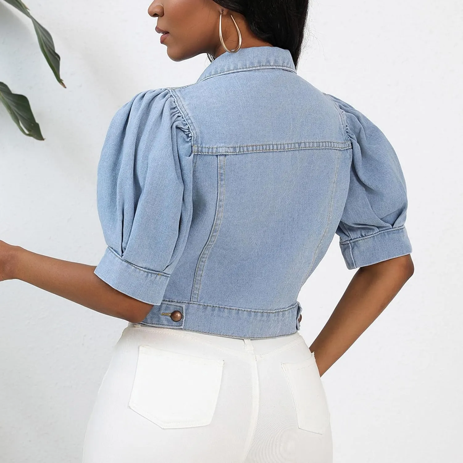 Oplxuo Women's Cute Puff Short Sleeve Denim Crop Top Slim Fit Cropped Jean Jacket Lapel Button Down Denim Outerwear