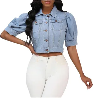 Oplxuo Women's Cute Puff Short Sleeve Denim Crop Top Slim Fit Cropped Jean Jacket Lapel Button Down Denim Outerwear