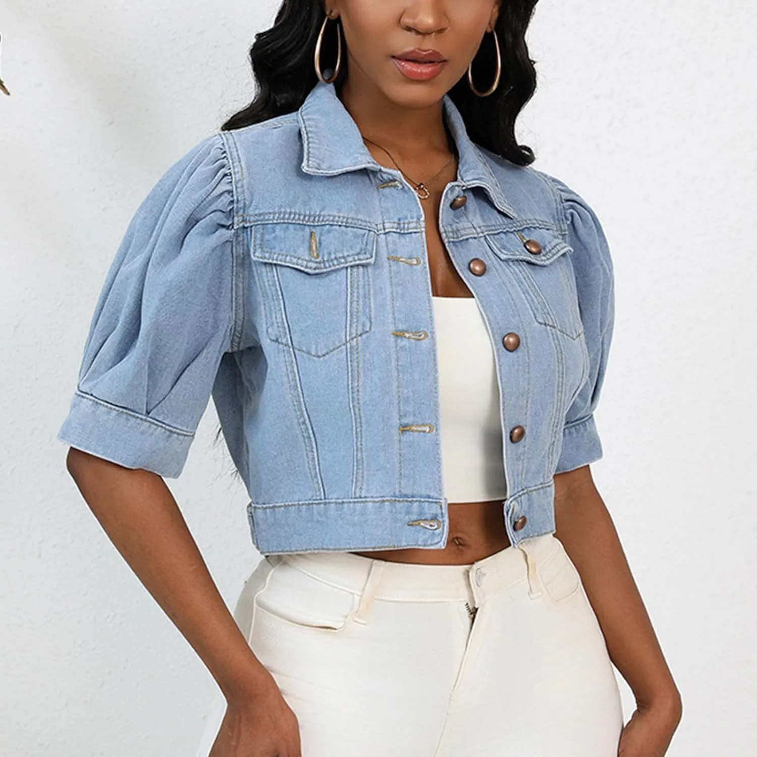 Oplxuo Women's Cute Puff Short Sleeve Denim Crop Top Slim Fit Cropped Jean Jacket Lapel Button Down Denim Outerwear