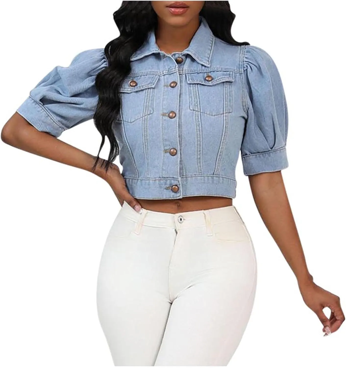 Oplxuo Women's Cute Puff Short Sleeve Denim Crop Top Slim Fit Cropped Jean Jacket Lapel Button Down Denim Outerwear