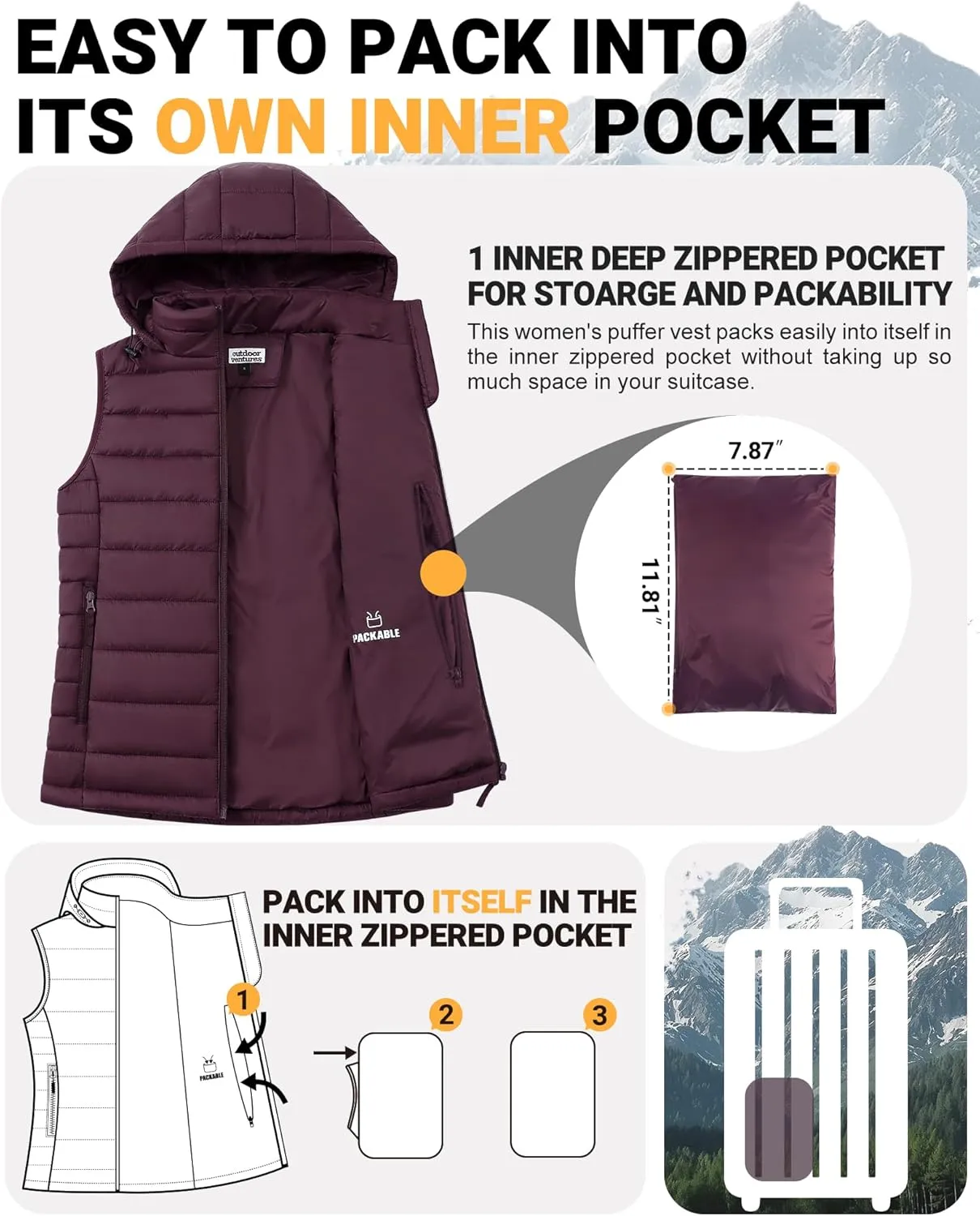 Outdoor Ventures Women's Lightweight Packable Hooded Puffer Vest Outerwear Zip Up Warm Sleeveless Winter Jacket Quilted Coat