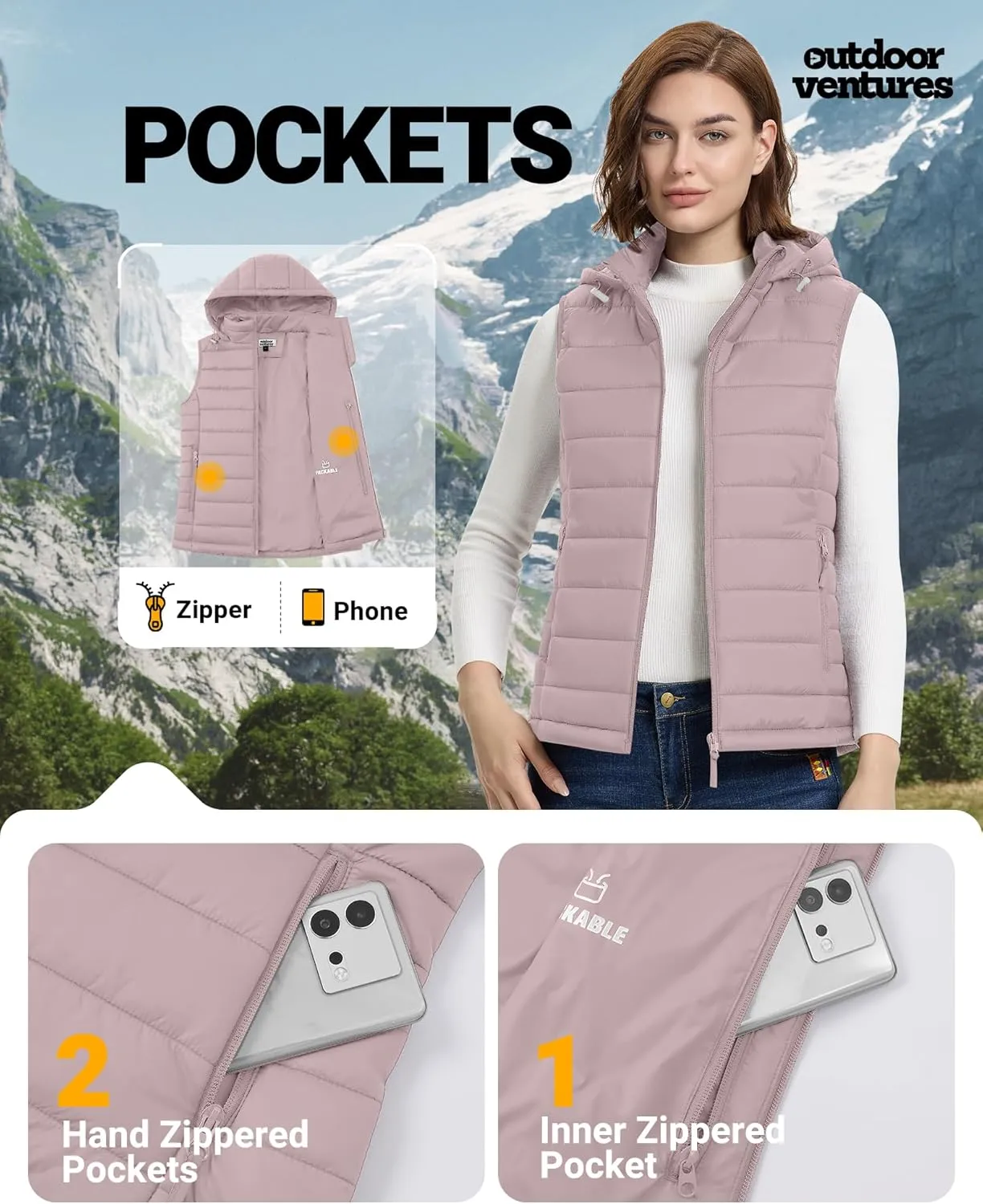 Outdoor Ventures Women's Lightweight Packable Hooded Puffer Vest Outerwear Zip Up Warm Sleeveless Winter Jacket Quilted Coat