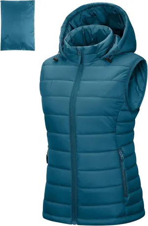 Outdoor Ventures Women's Lightweight Packable Hooded Puffer Vest Outerwear Zip Up Warm Sleeveless Winter Jacket Quilted Coat