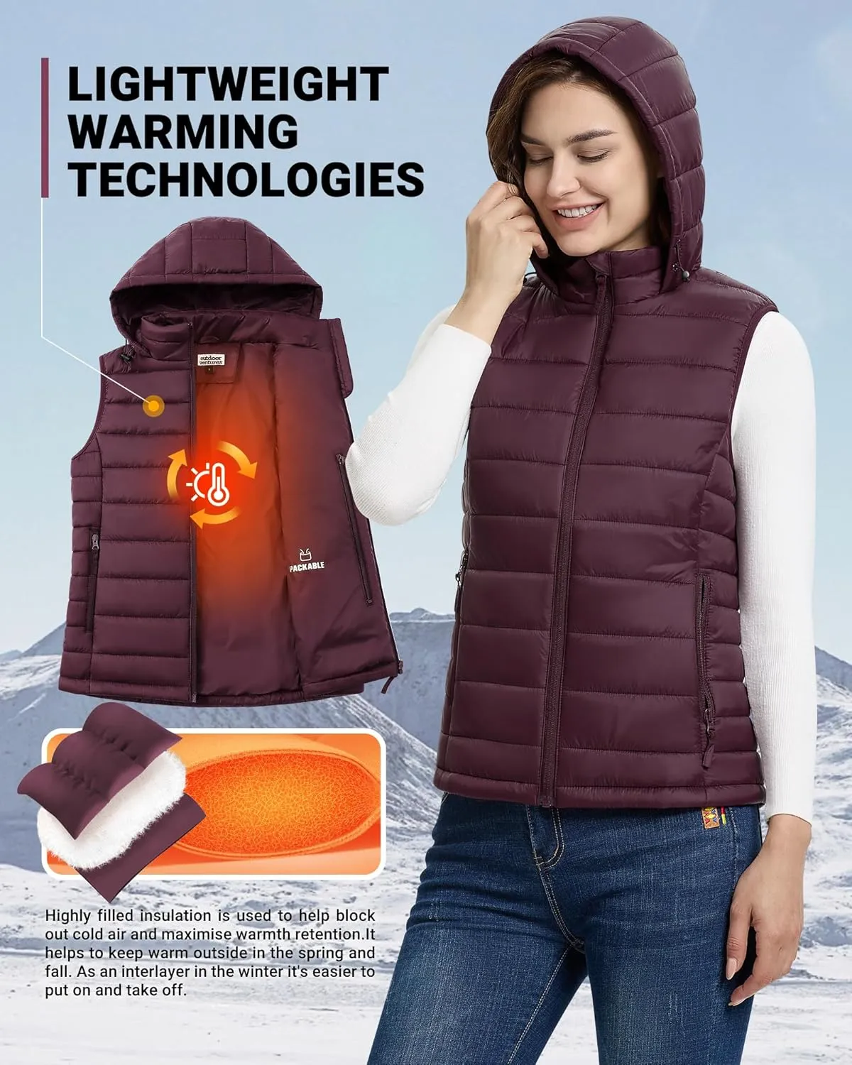 Outdoor Ventures Women's Lightweight Packable Hooded Puffer Vest Outerwear Zip Up Warm Sleeveless Winter Jacket Quilted Coat
