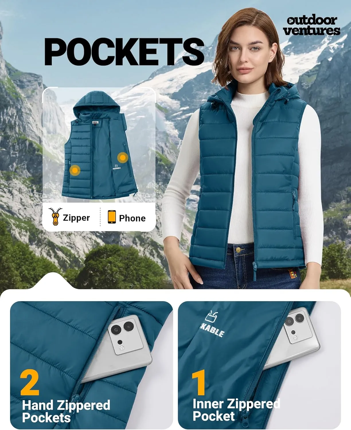 Outdoor Ventures Women's Lightweight Packable Hooded Puffer Vest Outerwear Zip Up Warm Sleeveless Winter Jacket Quilted Coat