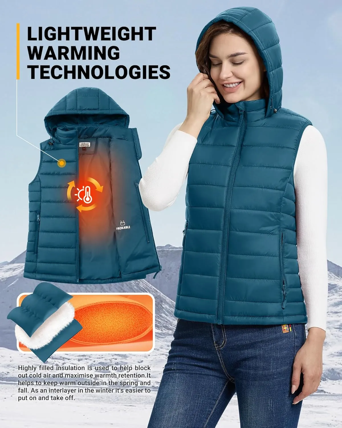 Outdoor Ventures Women's Lightweight Packable Hooded Puffer Vest Outerwear Zip Up Warm Sleeveless Winter Jacket Quilted Coat