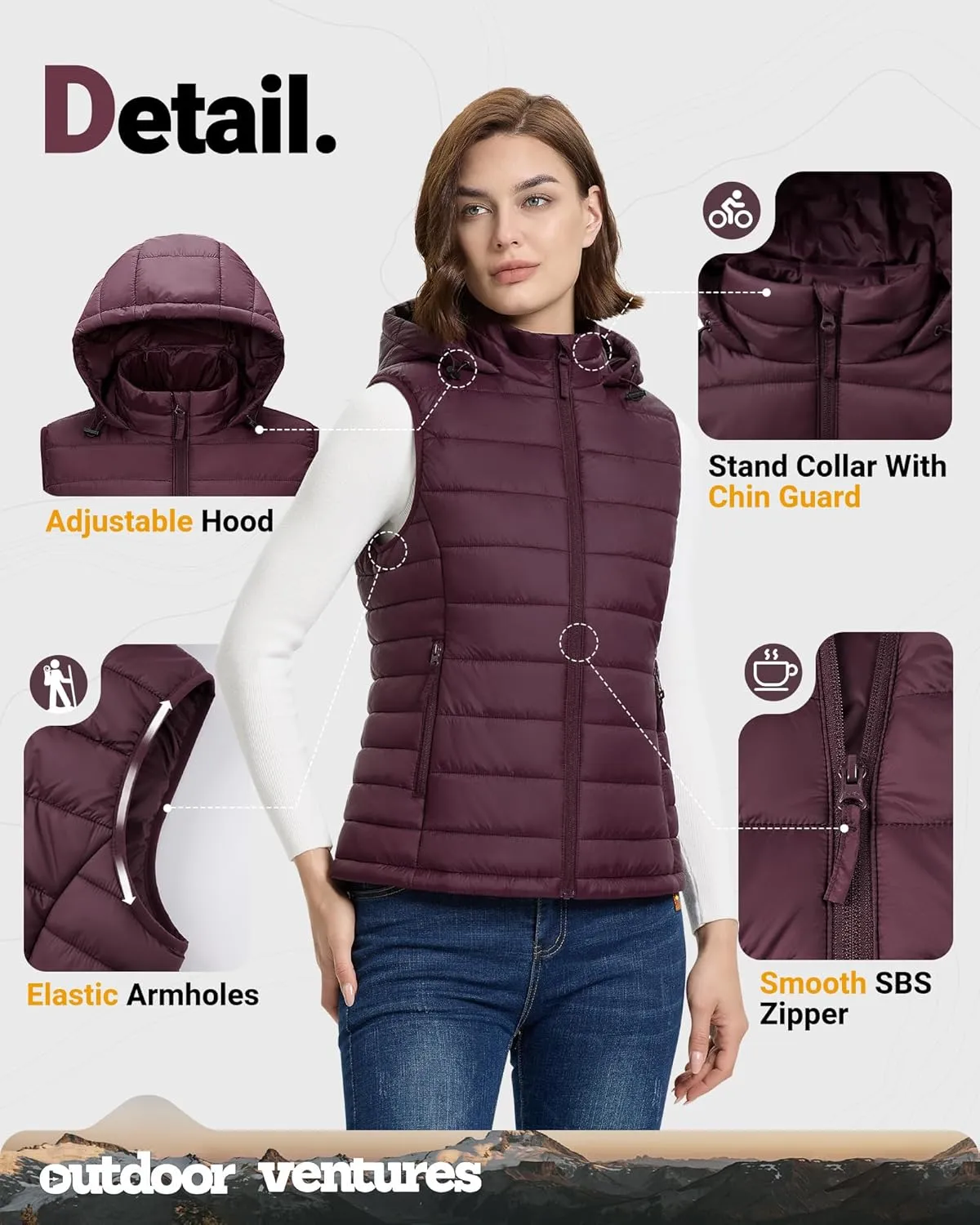 Outdoor Ventures Women's Lightweight Packable Hooded Puffer Vest Outerwear Zip Up Warm Sleeveless Winter Jacket Quilted Coat