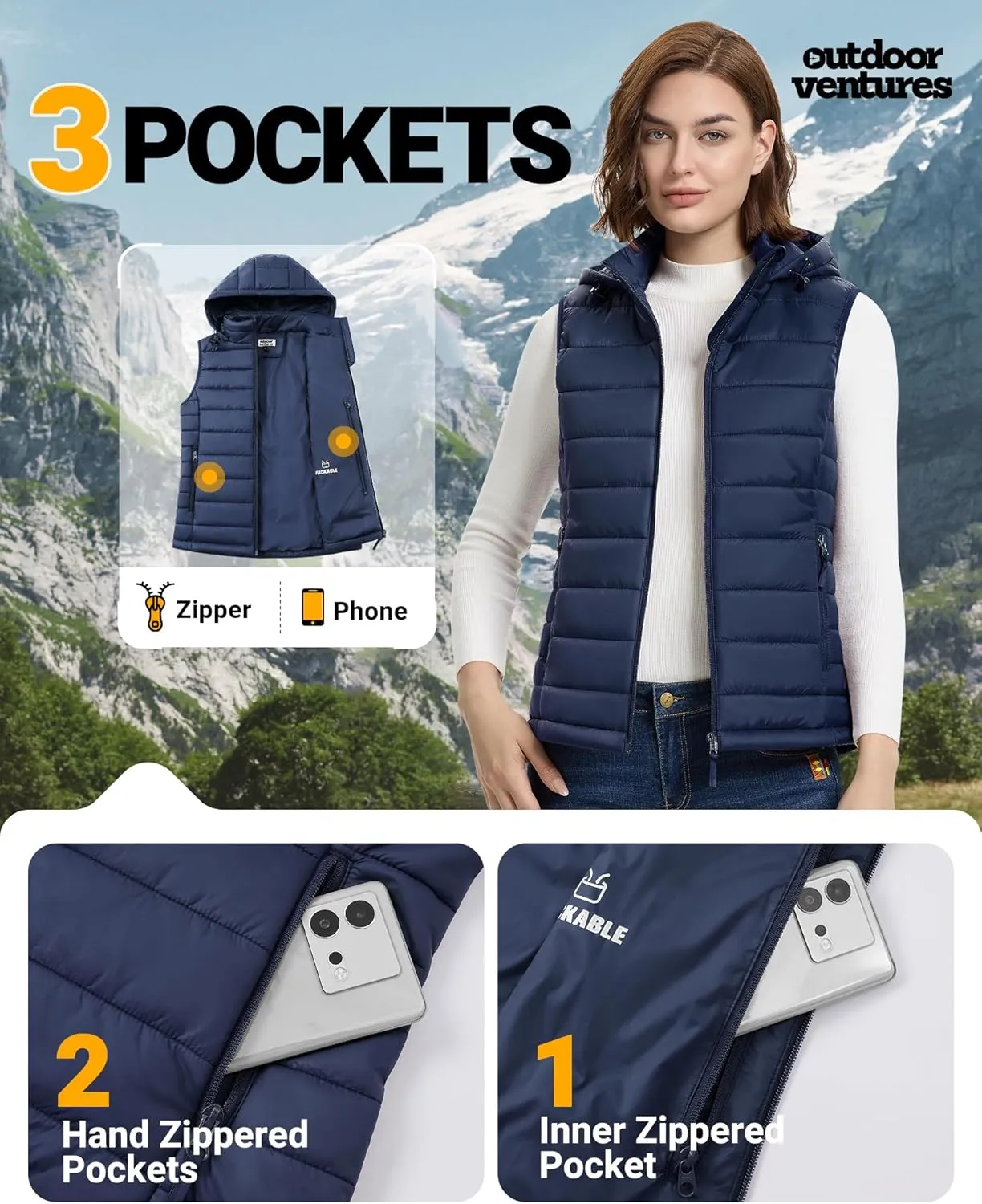 Outdoor Ventures Women's Lightweight Packable Hooded Puffer Vest Outerwear Zip Up Warm Sleeveless Winter Jacket Quilted Coat