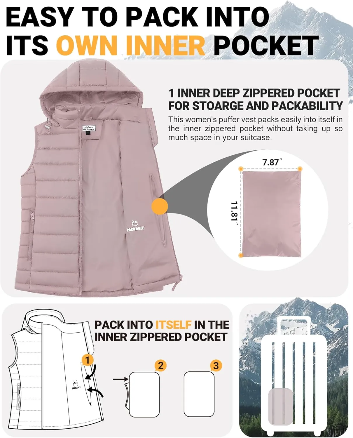 Outdoor Ventures Women's Lightweight Packable Hooded Puffer Vest Outerwear Zip Up Warm Sleeveless Winter Jacket Quilted Coat