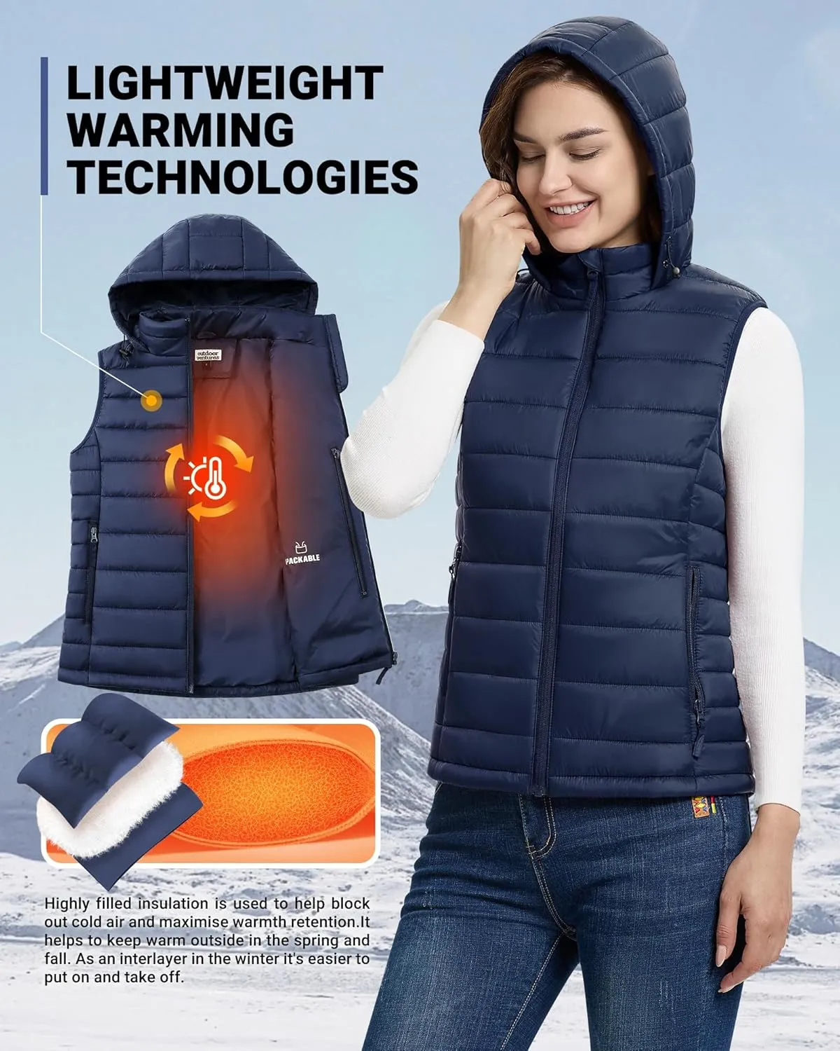 Outdoor Ventures Women's Lightweight Packable Hooded Puffer Vest Outerwear Zip Up Warm Sleeveless Winter Jacket Quilted Coat
