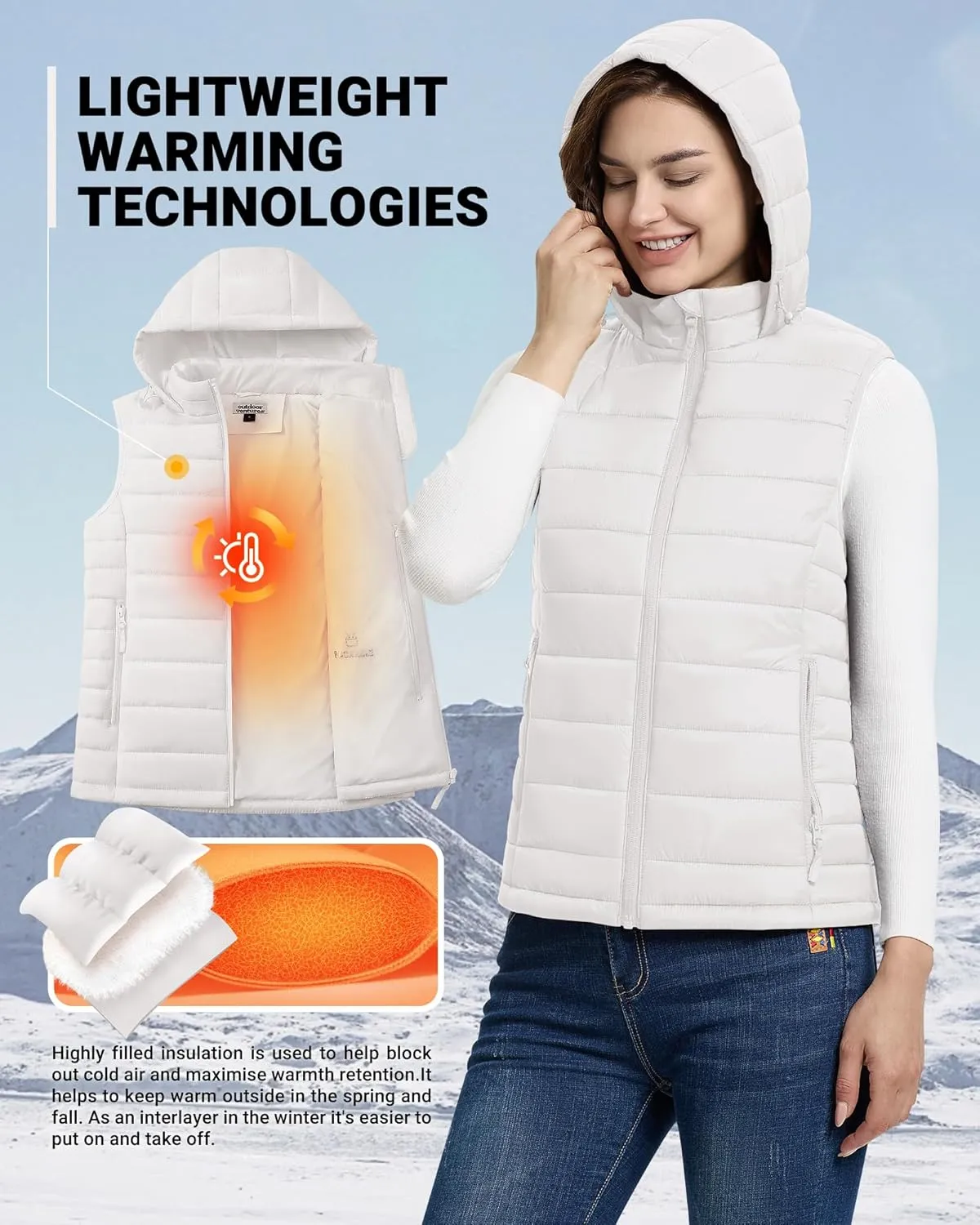 Outdoor Ventures Women's Lightweight Packable Hooded Puffer Vest Outerwear Zip Up Warm Sleeveless Winter Jacket Quilted Coat