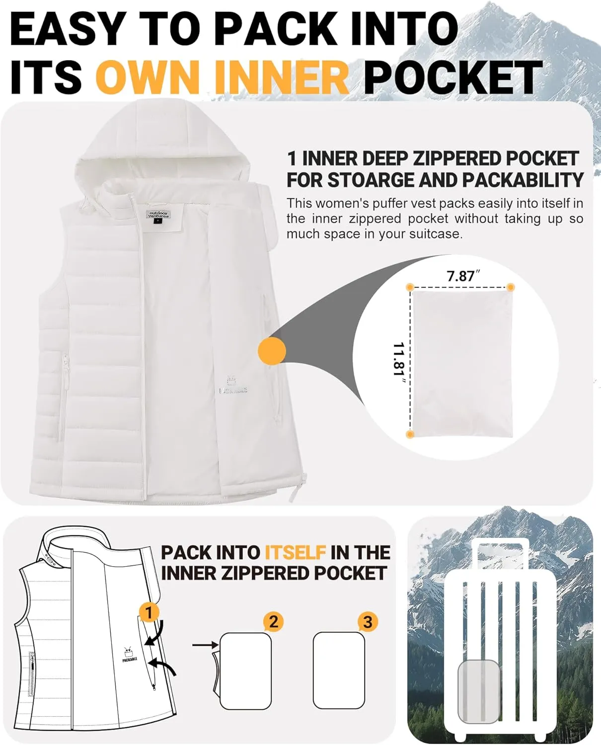 Outdoor Ventures Women's Lightweight Packable Hooded Puffer Vest Outerwear Zip Up Warm Sleeveless Winter Jacket Quilted Coat